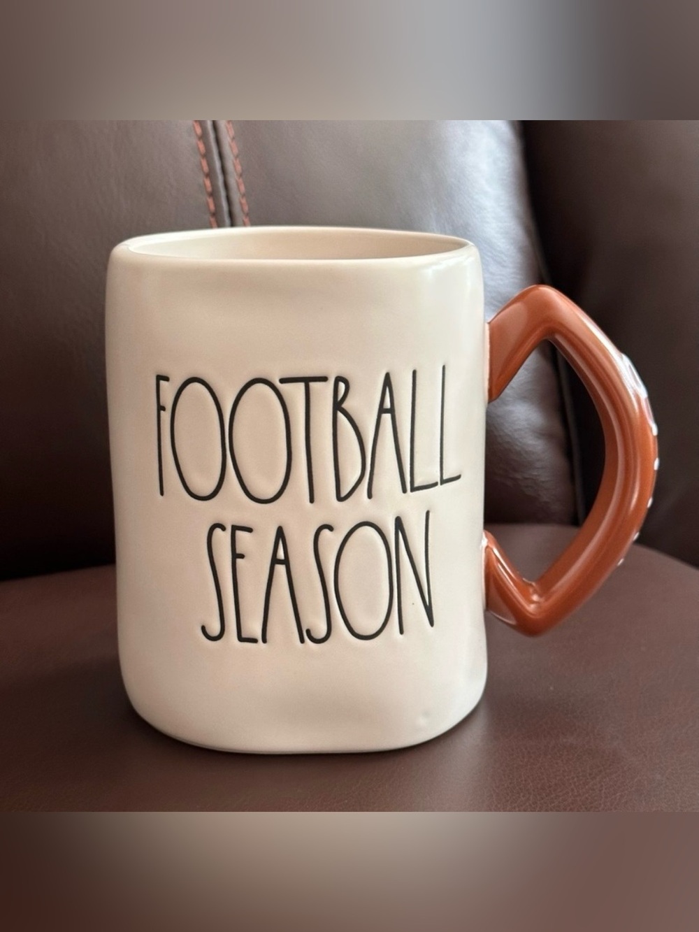 Rae Dunn FOOTBALL SEASON Ceramic Coffee Mug Football Handle Design NEW!!